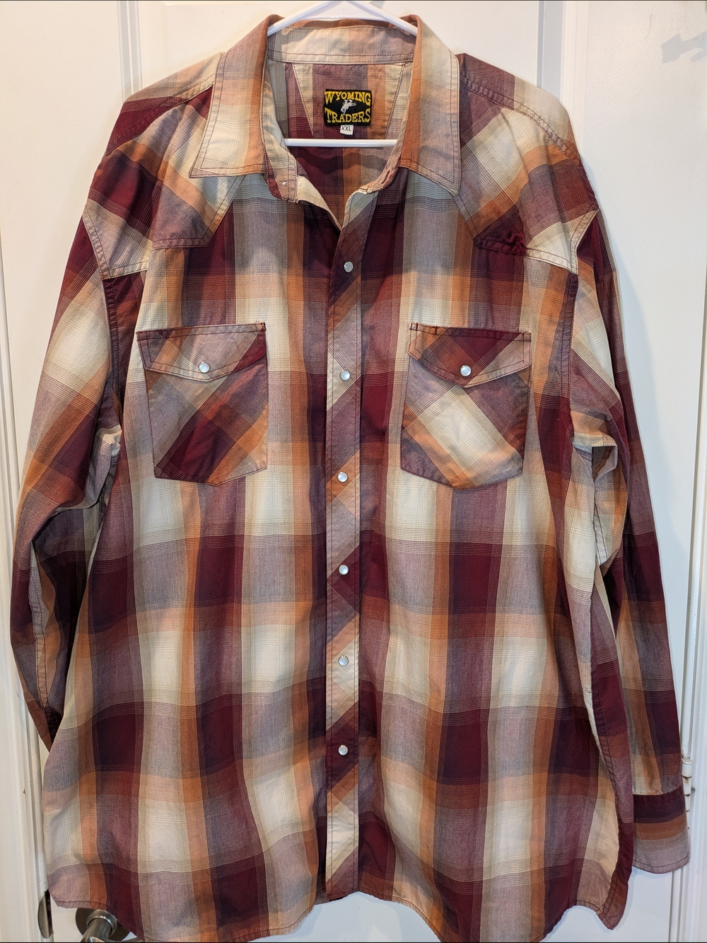 Wyoming Traders Pearl Snap Shirt XXL Brown Tan Plaid Western Cowboy Long Sleeve